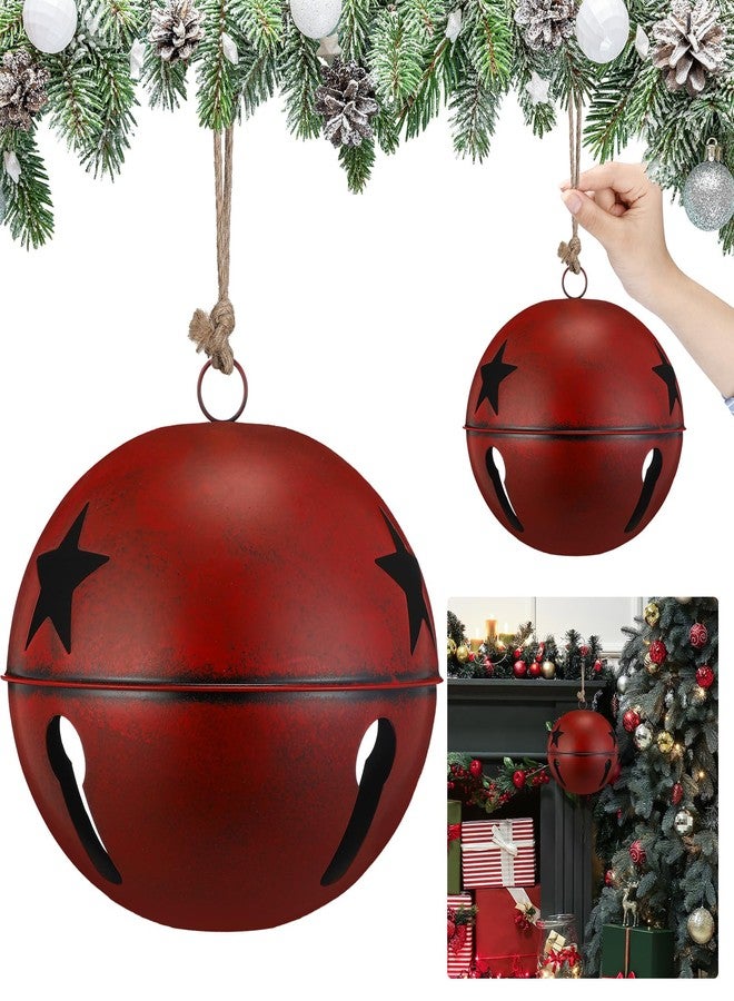 Civaner 8 Inch Large Christmas Jingle Bells Rustic Xmas Giant Hanging Sleigh Bells with Coarse Rope Star Cutouts Ornaments for Vintage Christmas Fireplace Tree Garden Decoration Supplies (Burgundy) - Image 1