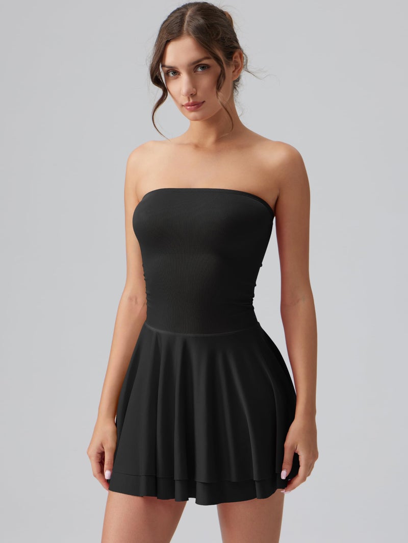OQQ Women's Mini Dress Summer Cocktail Tube Ruched Waist Ruffle Corset Party A-line Dresses Black - Image 2