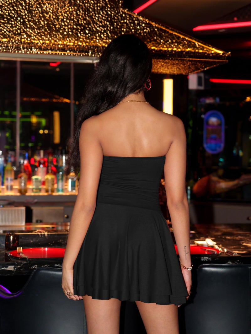 OQQ Women's Mini Dress Summer Cocktail Tube Ruched Waist Ruffle Corset Party A-line Dresses Black - Image 5