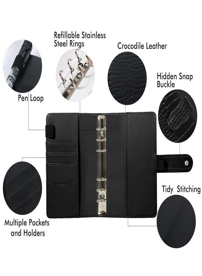 eleger A5 6 Ring Binder Cover Crocodile - Large PU Leather Notebook Binder with Hidden Snap Buckle, Refillable Budget Planner, Black - Image 2