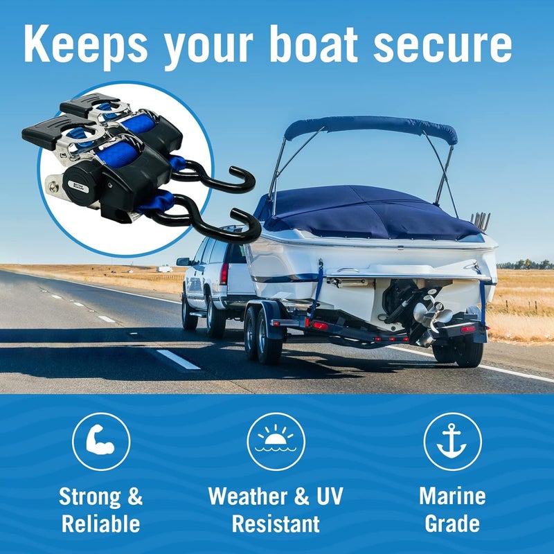 Better Boat Stainless Steel Retractable Ratchet Straps, Heavy Duty Set, 2 Inch x 43 Inch, 2 Transom Tie-Downs with Mounting Brackets and Bolts, Auto Self-Retracting Buckle for Boat Trailer and Cargo - Image 3