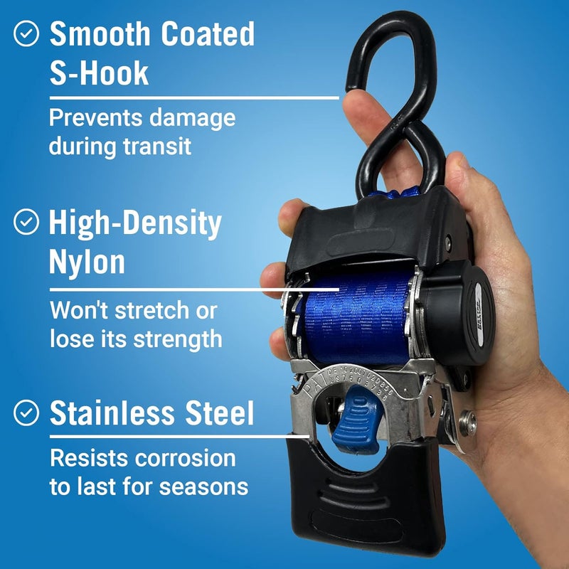 Better Boat Stainless Steel Retractable Ratchet Straps, Heavy Duty Set, 2 Inch x 43 Inch, 2 Transom Tie-Downs with Mounting Brackets and Bolts, Auto Self-Retracting Buckle for Boat Trailer and Cargo - Image 2