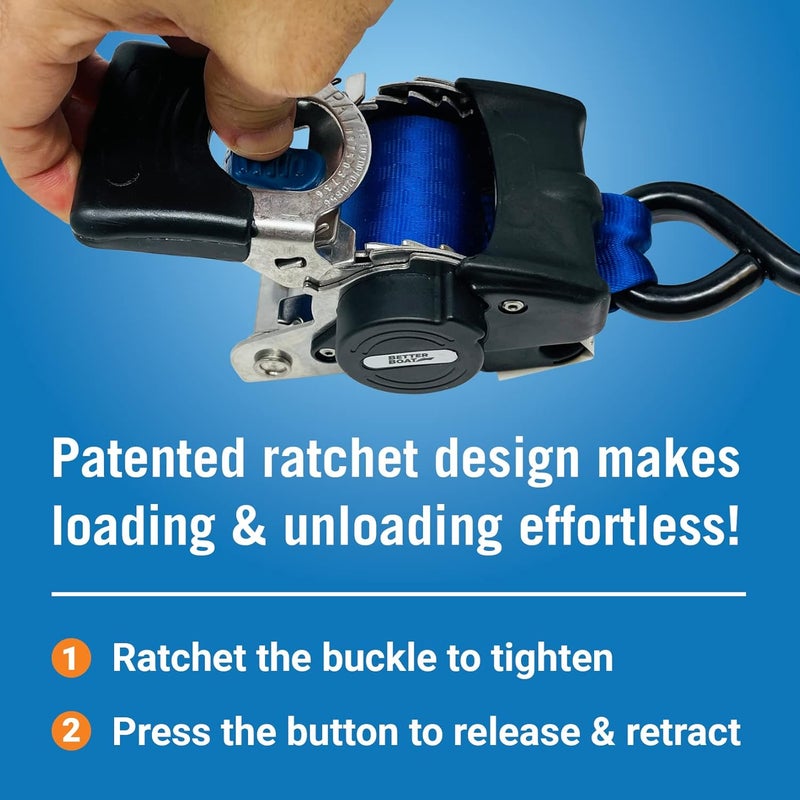 Better Boat Stainless Steel Retractable Ratchet Straps, Heavy Duty Set, 2 Inch x 43 Inch, 2 Transom Tie-Downs with Mounting Brackets and Bolts, Auto Self-Retracting Buckle for Boat Trailer and Cargo - Image 4