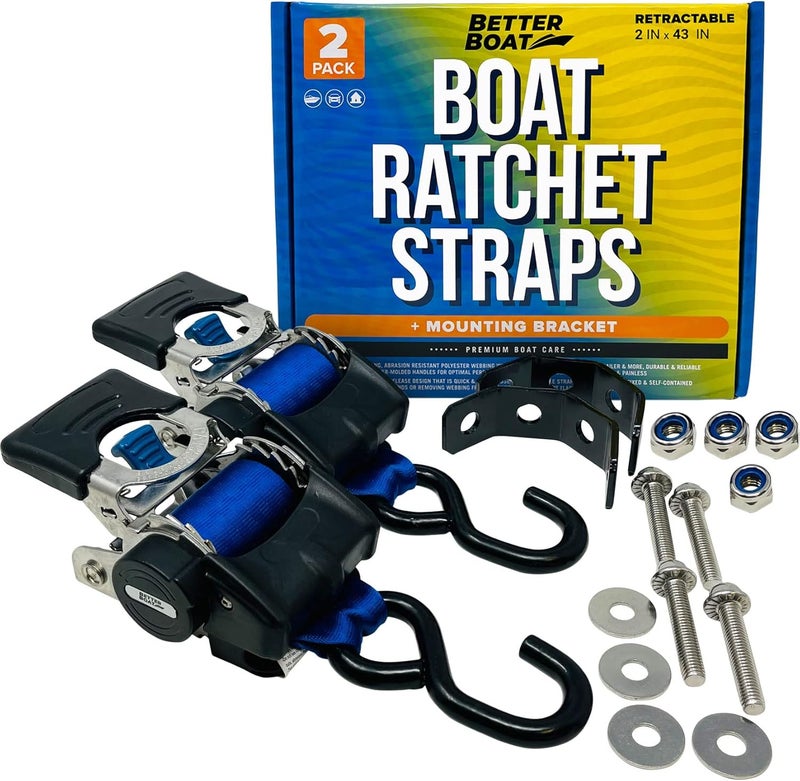 Better Boat Stainless Steel Retractable Ratchet Straps, Heavy Duty Set, 2 Inch x 43 Inch, 2 Transom Tie-Downs with Mounting Brackets and Bolts, Auto Self-Retracting Buckle for Boat Trailer and Cargo - Image 1