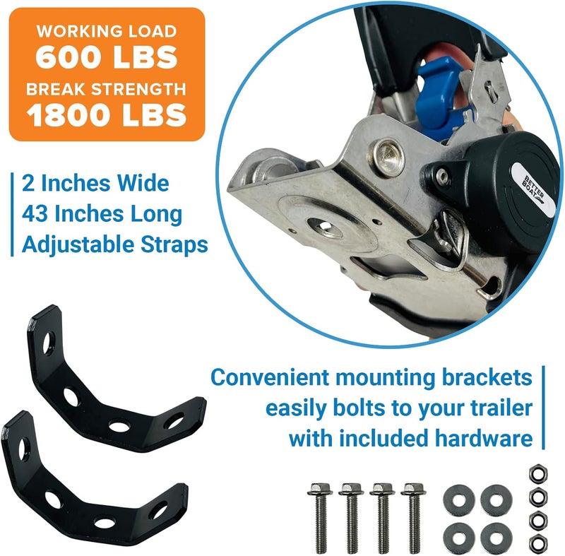 Better Boat Stainless Steel Retractable Ratchet Straps, Heavy Duty Set, 2 Inch x 43 Inch, 2 Transom Tie-Downs with Mounting Brackets and Bolts, Auto Self-Retracting Buckle for Boat Trailer and Cargo - Image 5