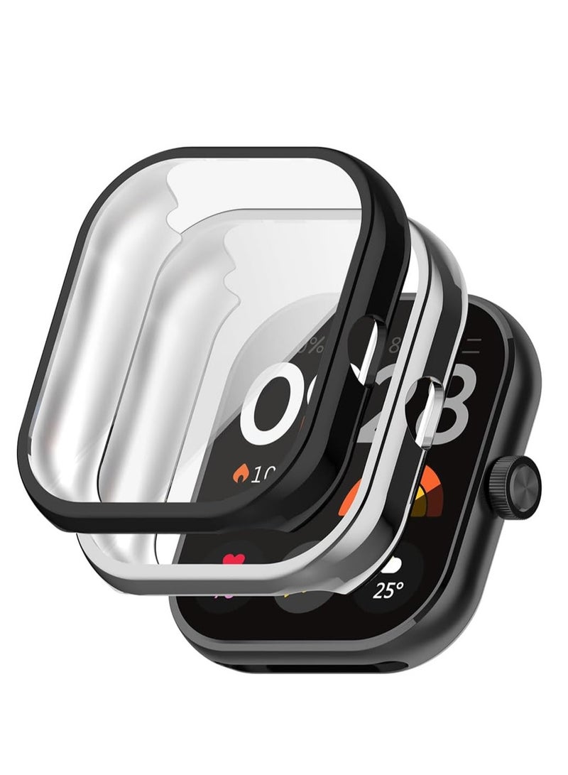 KASTWAVE Case for Xiaomi Redmi Watch 4, Tempered Glass Screen Protector, PC Hard Case Tempered Glass Screen Protection Cover Slim Full Cover Scratch Proof Protector, 2 Pcs, Black and Silver - Image 1