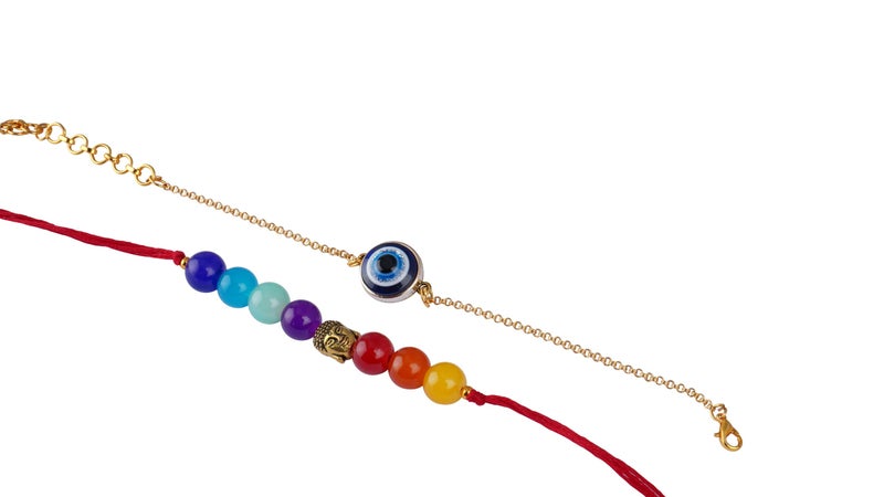JFL Mens - Jewellery for Less Combo of 2 Fashion 7 Chakra & Evil Eye Rakhi for Rakshabandhan Festival Brother Rakhi Handcrafted with Roli Chawal and Hand Written Card, Adjustable. - Image 3