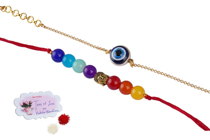 JFL Mens - Jewellery for Less Combo of 2 Fashion 7 Chakra & Evil Eye Rakhi for Rakshabandhan Festival Brother Rakhi Handcrafted with Roli Chawal and Hand Written Card, Adjustable. - Image 1