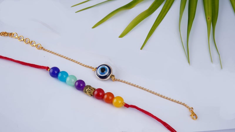 JFL Mens - Jewellery for Less Combo of 2 Fashion 7 Chakra & Evil Eye Rakhi for Rakshabandhan Festival Brother Rakhi Handcrafted with Roli Chawal and Hand Written Card, Adjustable. - Image 2