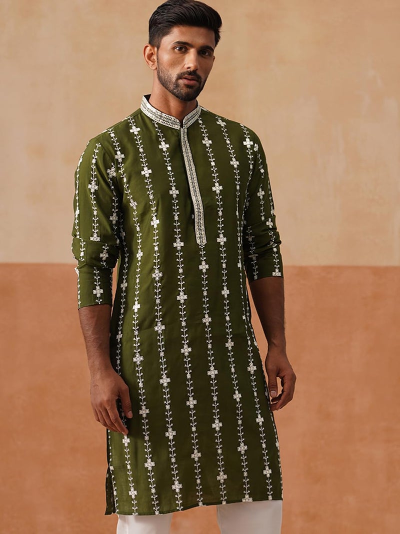 Jompers Classic Embroidered Kurta in Olive Green with Floral Pattern - Image 2