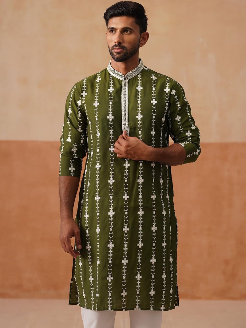 Jompers Classic Embroidered Kurta in Olive Green with Floral Pattern - Image 4