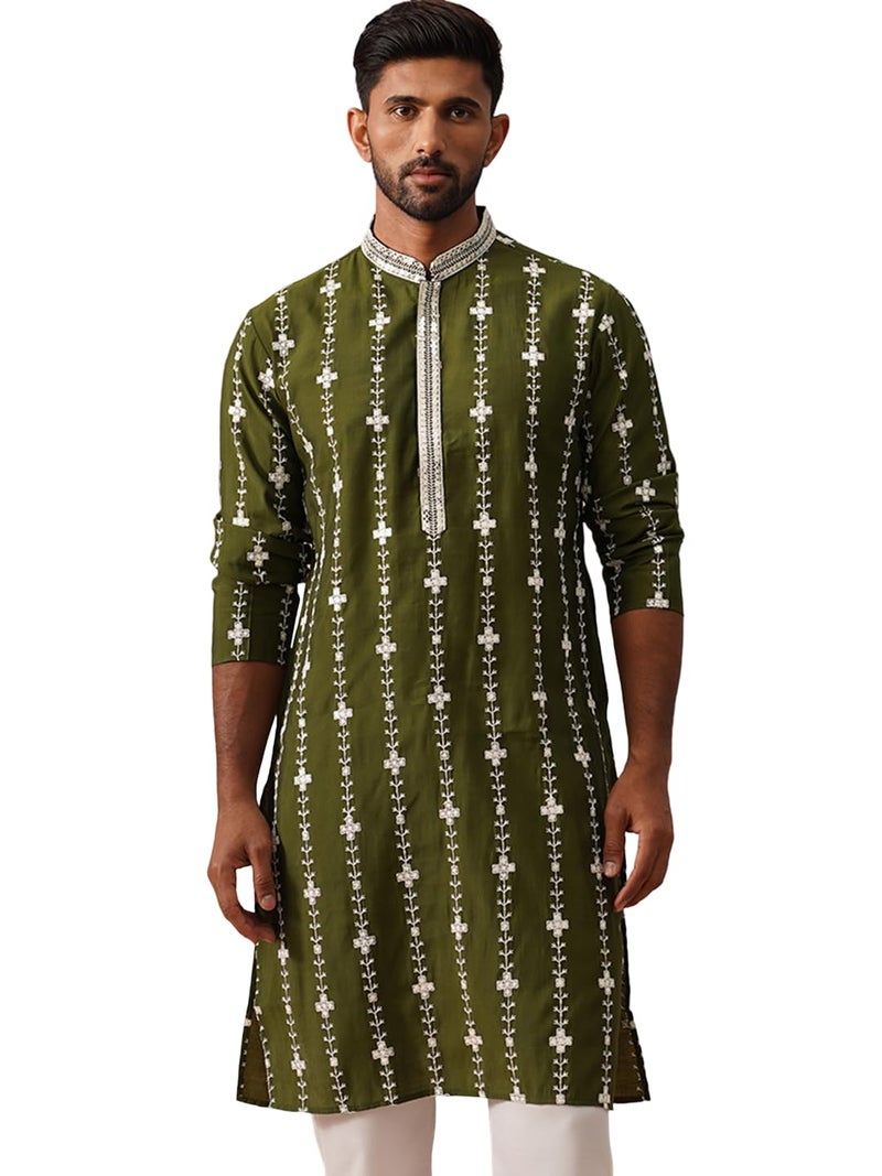 Jompers Classic Embroidered Kurta in Olive Green with Floral Pattern - Image 1