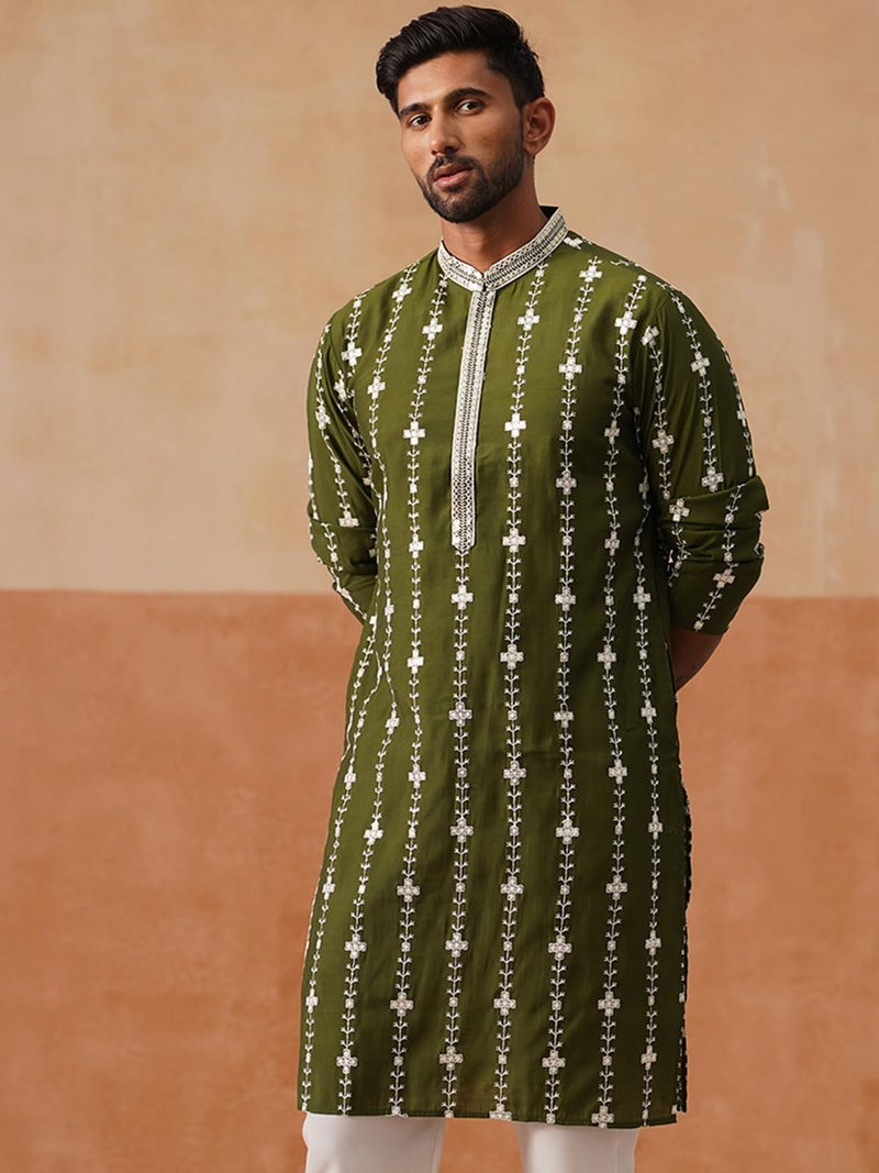 Jompers Classic Embroidered Kurta in Olive Green with Floral Pattern - Image 5