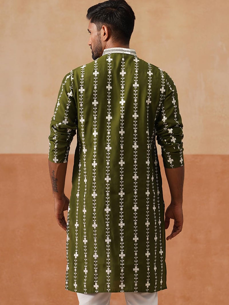 Jompers Classic Embroidered Kurta in Olive Green with Floral Pattern - Image 3