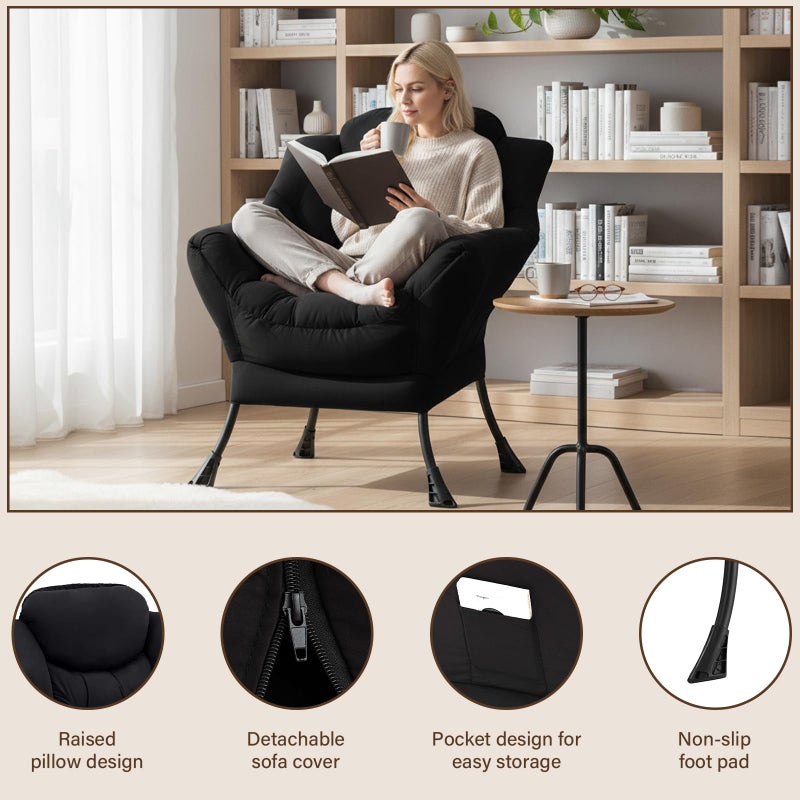 Welnow Black Single Lazy Chair for Living Room, Modern Reading Accent Chair with Armrests and a Side Pocket, Leisure Lazy Sofa Chair for Small Space, Bedroom, Dorm - Image 3