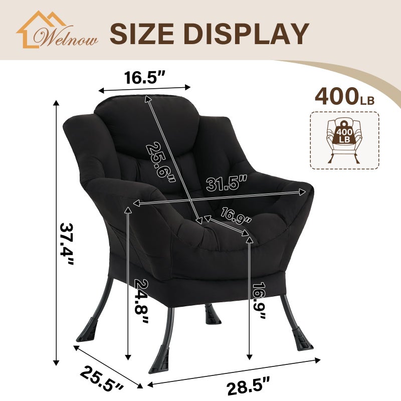 Welnow Black Single Lazy Chair for Living Room, Modern Reading Accent Chair with Armrests and a Side Pocket, Leisure Lazy Sofa Chair for Small Space, Bedroom, Dorm - Image 2