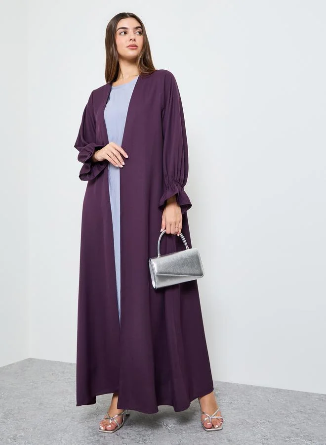 Amirah Purple Solid Frill Sleeves Front Open Abaya