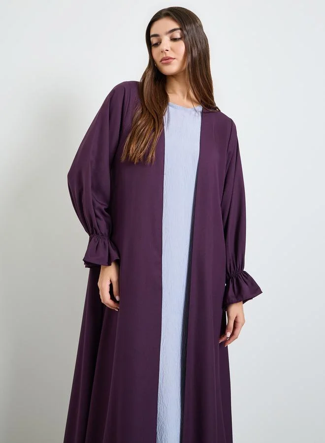 Amirah Purple Solid Frill Sleeves Front Open Abaya