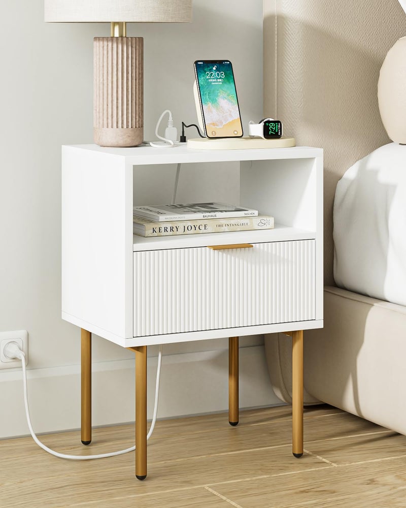 AEPOALUA Nightstand with Charging StationMorden Bedside Table with Gold FrameSmall White Night StandEnd TableBedside FurnitureSide Table with Drawer and Shelf for BedroomLiving Room