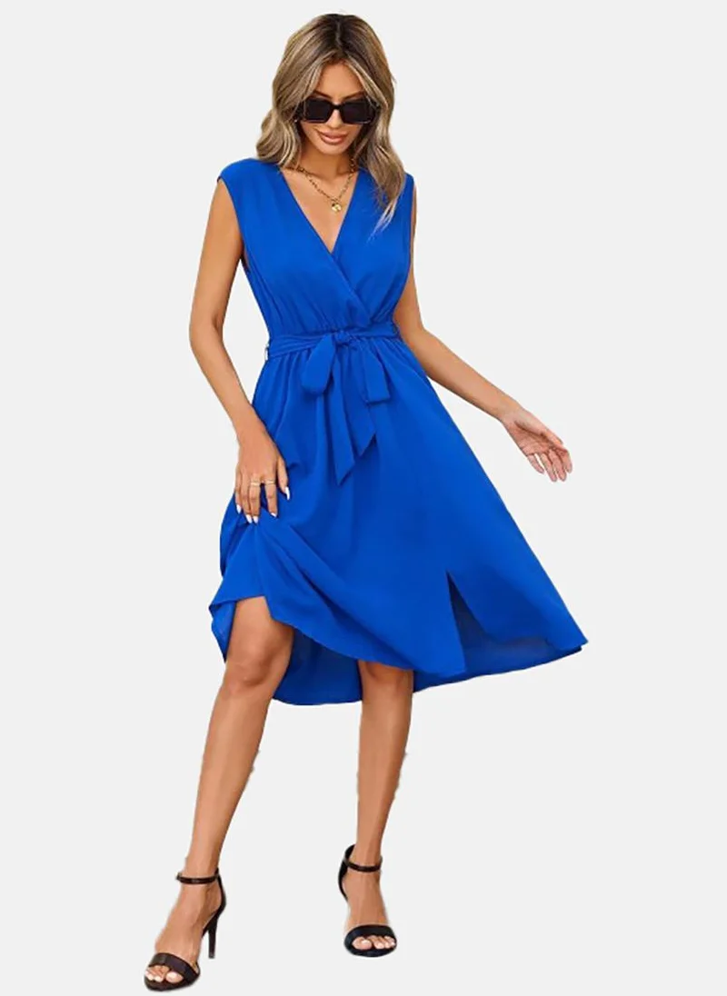 YUNIQEE Blue Solid Sleeveless Surplice Neck Midi Fit & Flare Dress