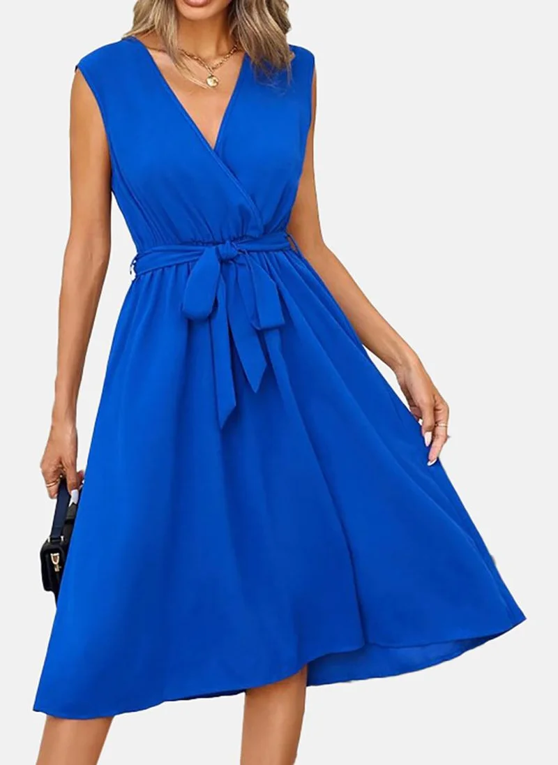 YUNIQEE Blue Solid Sleeveless Surplice Neck Midi Fit & Flare Dress