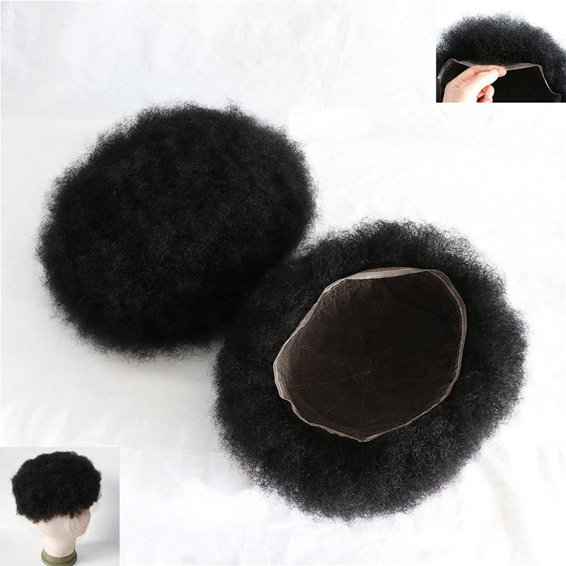 Afro Curly Toupee Men's Wigs for Black African American Male Hair Unit Black Curly Afro Mans Weave Hairpiece1# Jet Black Invisible French Lace System 8x10inch 100% Human Hair Transparent