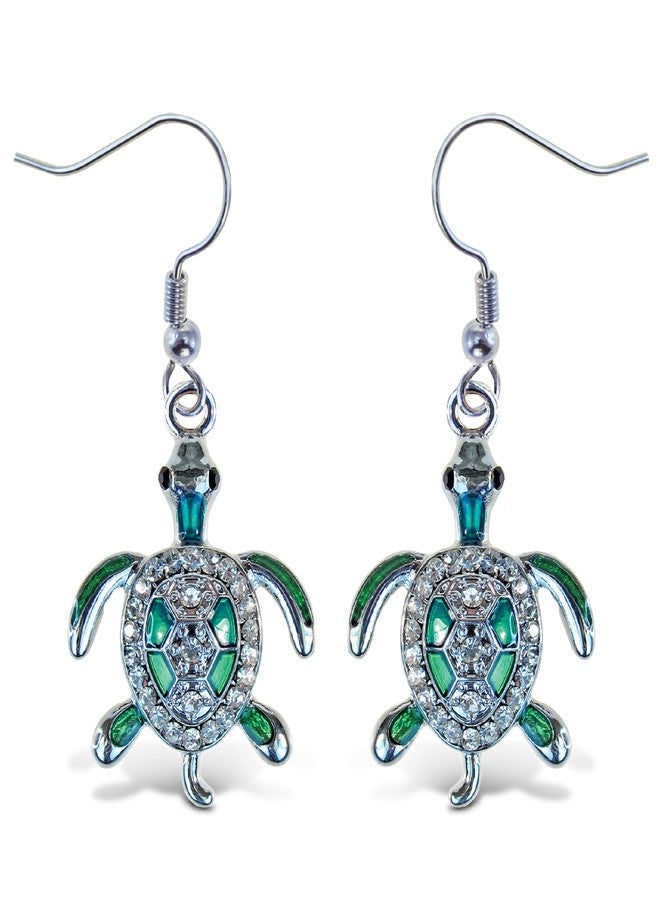 بازلد أقراط سلحفاة بحرية خضراء متلألئة بتصميم محير - أقراط فضية متدلية لطيفة، أقراط سلحفاة بحرية للنساء، أقراط فضية إسترلينية على شكل خطاف سمكة مرصعة بأحجار الراين الكريستالية، هدية مجوهرات بحرية أنيقة - Image 1