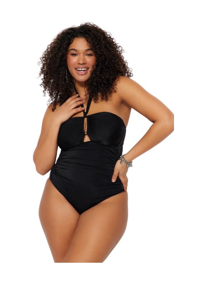 trendyol Black Halter Neck Accessory Detail Plus-Size Swimsuit Tbbss23Am00013 