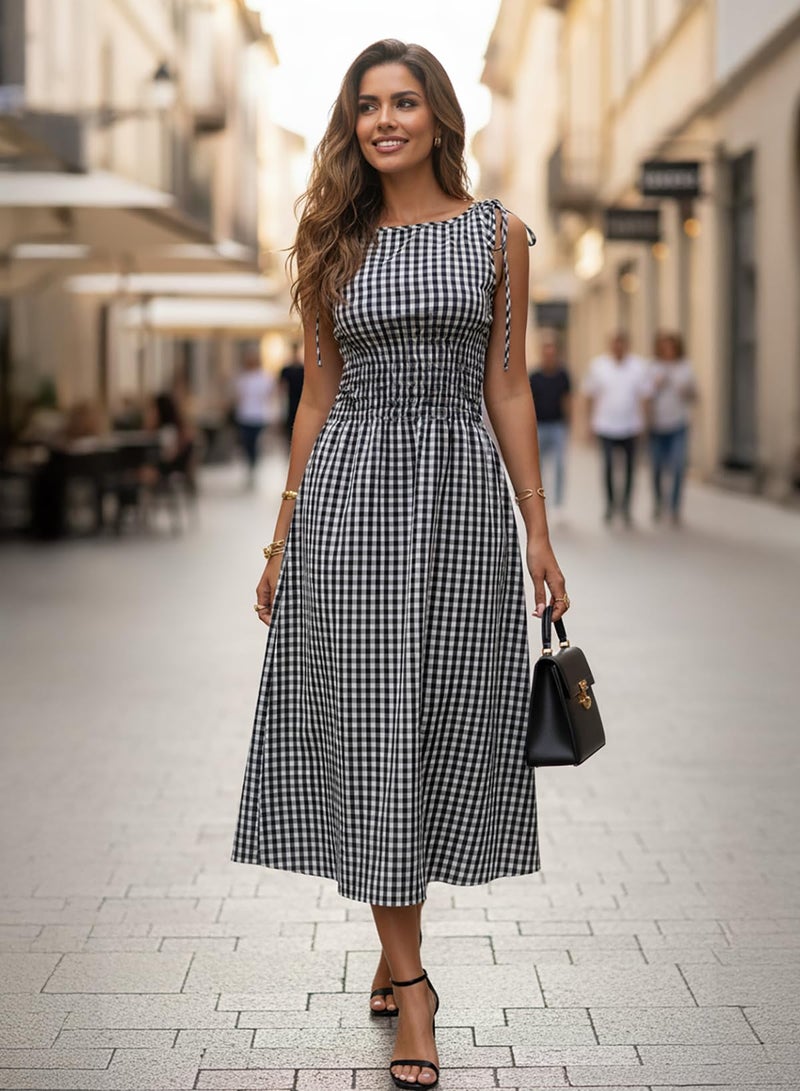 Acelitt Summer Maxi Dresses for Women 2026 Smocked Waist Gingham Dress Flowy A Line Beach Long Sundress with Pockets Vacation Outfits Brown X-Large - Image 2