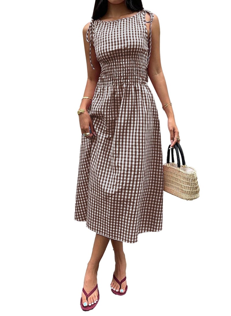 Acelitt Summer Maxi Dresses for Women 2026 Smocked Waist Gingham Dress Flowy A Line Beach Long Sundress with Pockets Vacation Outfits Brown X-Large - Image 1