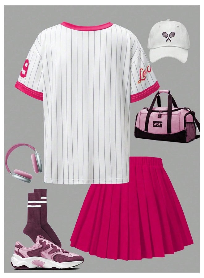 WDIRARA Girl's 2 Piece Jersey Outfits Striped Number V Neck Shirts and Pleated Skirts Sets Hot Pink 11 Years - Image 2