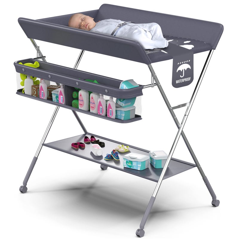 Babylicious Baby Portable Changing Table - Foldable Changing Table with Wheels - Portable Diaper Changing Station - Adjustable Height Baby Changing Table-Safety Belt and Large Storage Rack for Infants - Image 1