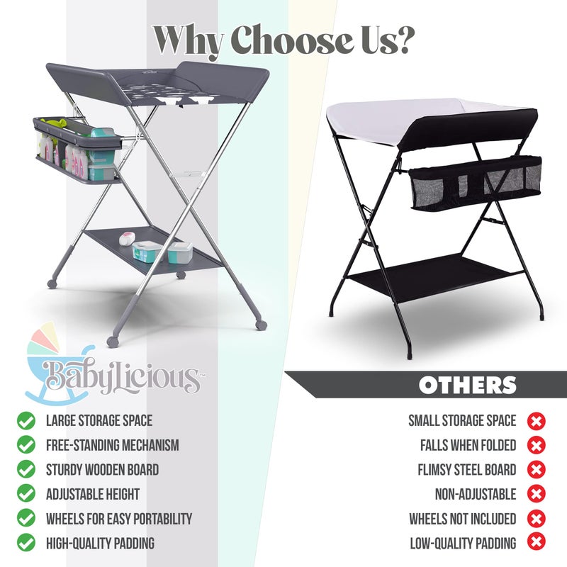 Babylicious Baby Portable Changing Table - Foldable Changing Table with Wheels - Portable Diaper Changing Station - Adjustable Height Baby Changing Table-Safety Belt and Large Storage Rack for Infants - Image 5