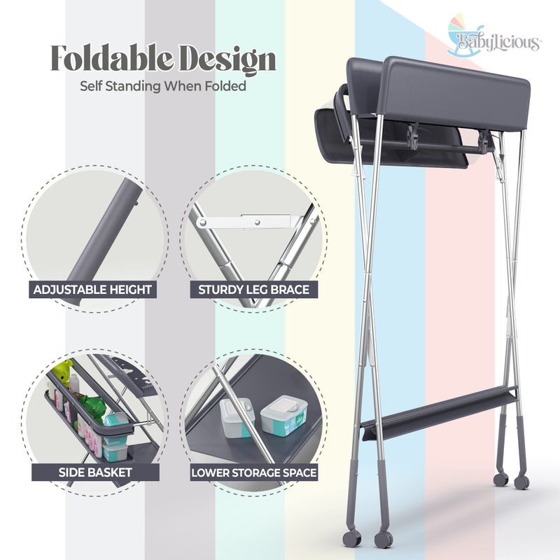 Babylicious Baby Portable Changing Table - Foldable Changing Table with Wheels - Portable Diaper Changing Station - Adjustable Height Baby Changing Table-Safety Belt and Large Storage Rack for Infants - Image 3