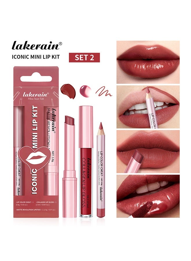 lakerain Mini Lip Kit -  3 In 1 Smooth Lipliner Lipgloss and Lipstick Set ,Red Matte Velvet Liquid Lipstick Hydrating Moisturizing Lip Gloss and Creamy Lip Liner (#02) - Image 1