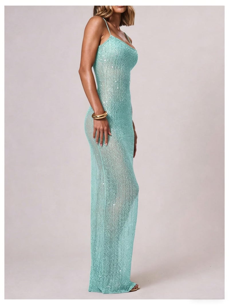 OYOANGLE Women's See Through Sparkly Sequin Mesh Cami Dress Sleeveless Fishtail Long Dresses Blue Large - Image 4