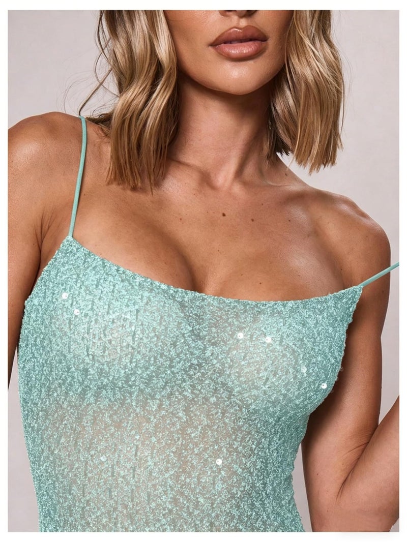 OYOANGLE Women's See Through Sparkly Sequin Mesh Cami Dress Sleeveless Fishtail Long Dresses Blue Large - Image 3