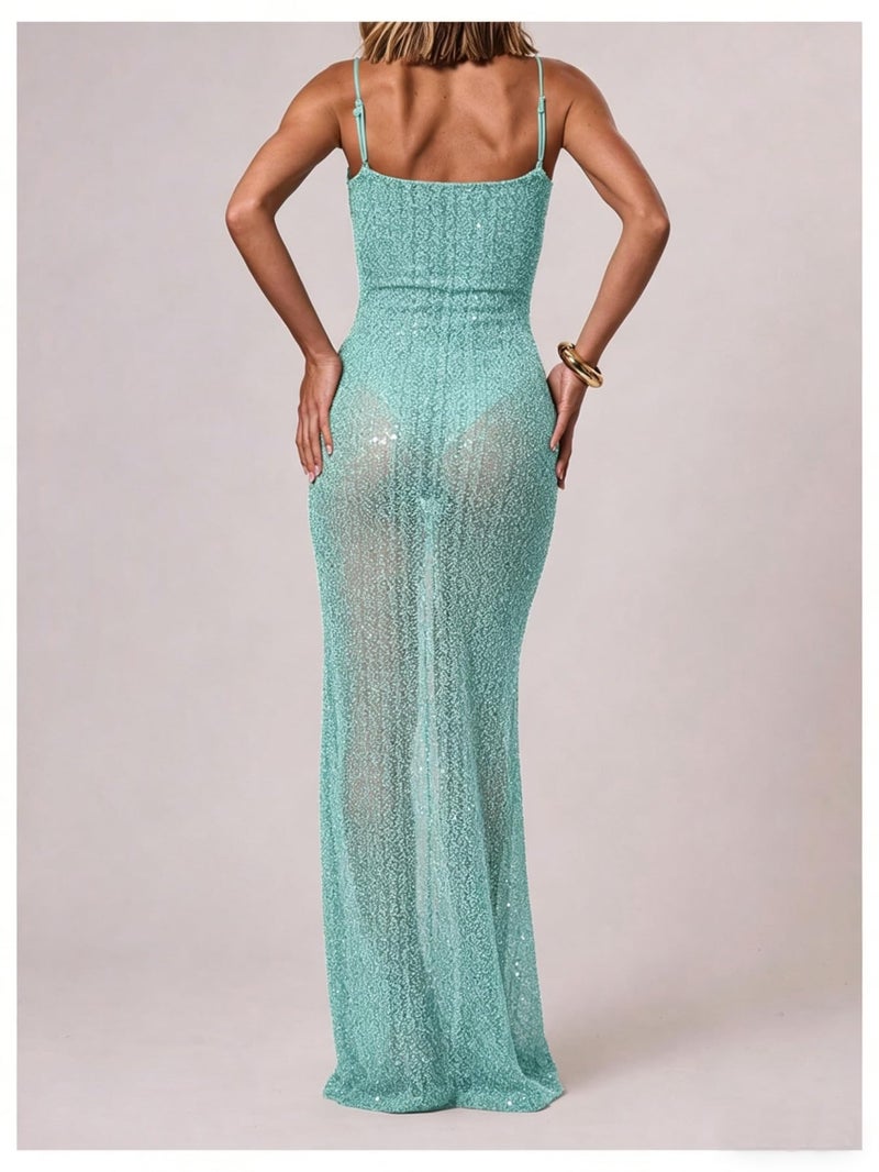 OYOANGLE Women's See Through Sparkly Sequin Mesh Cami Dress Sleeveless Fishtail Long Dresses Blue Large - Image 2