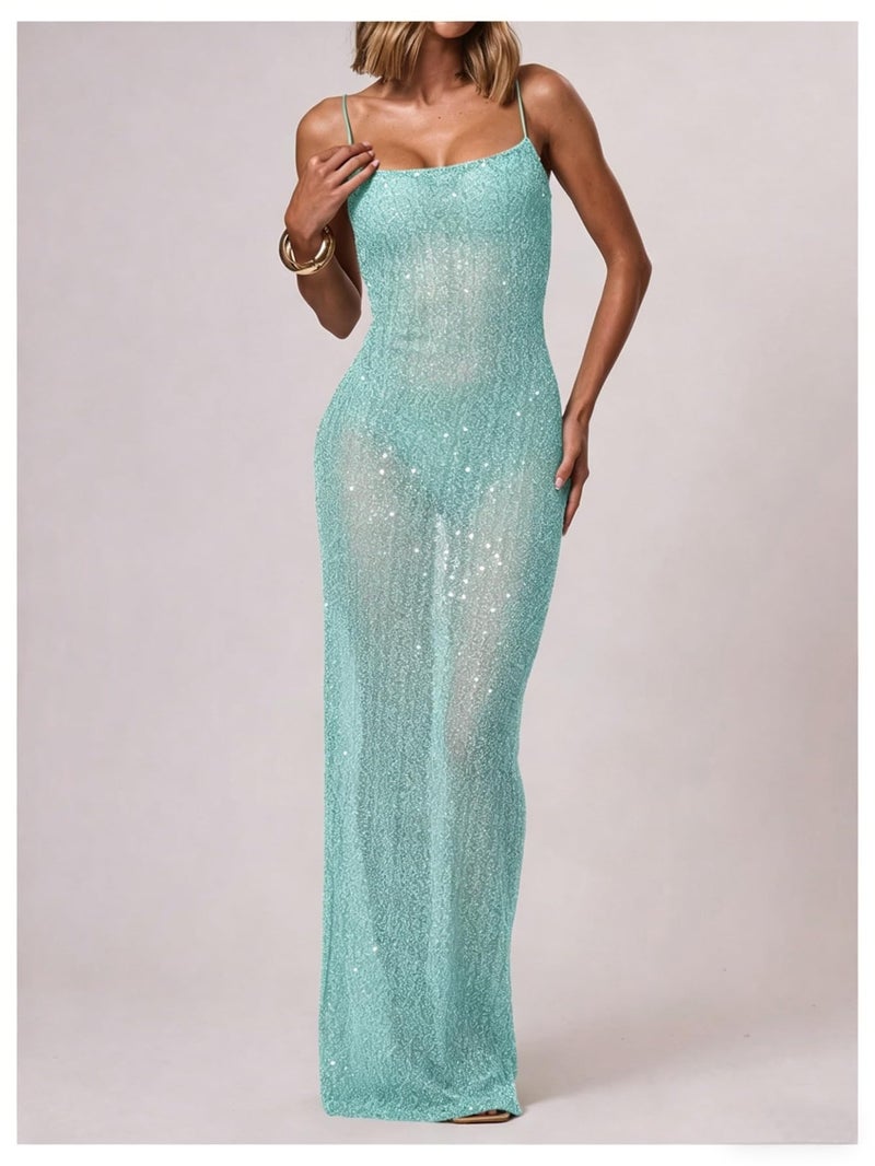 OYOANGLE Women's See Through Sparkly Sequin Mesh Cami Dress Sleeveless Fishtail Long Dresses Blue Large - Image 5
