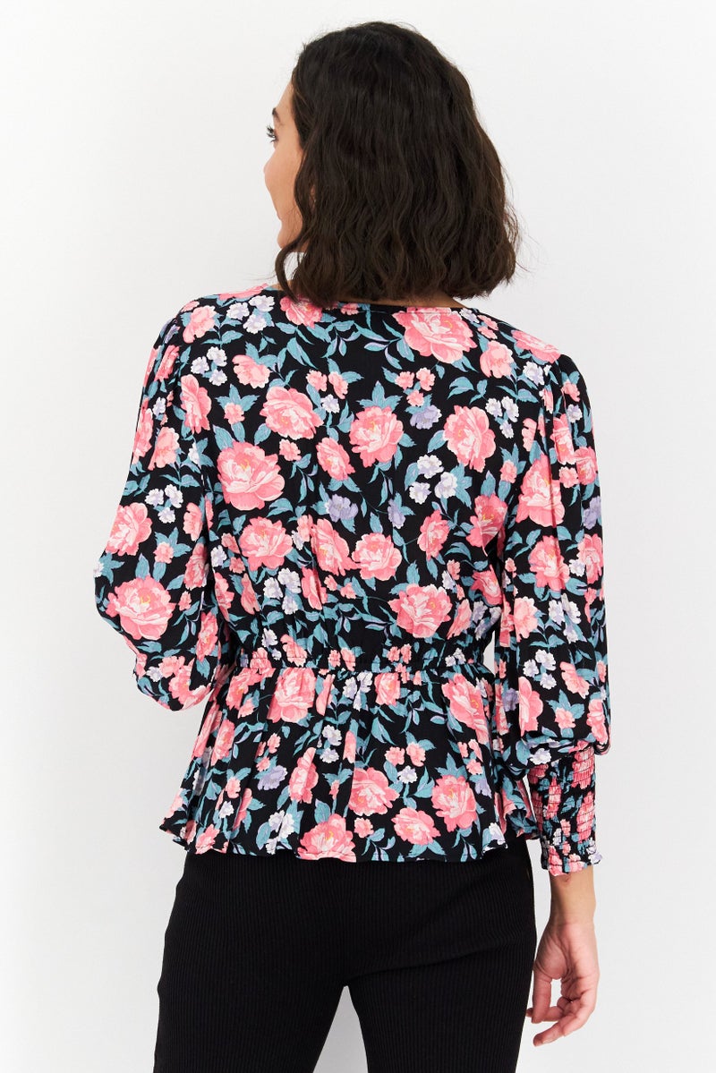 RIVER ISLAND Women V-Neck Long Sleeves Floral Pattern Top, Black - Image 3