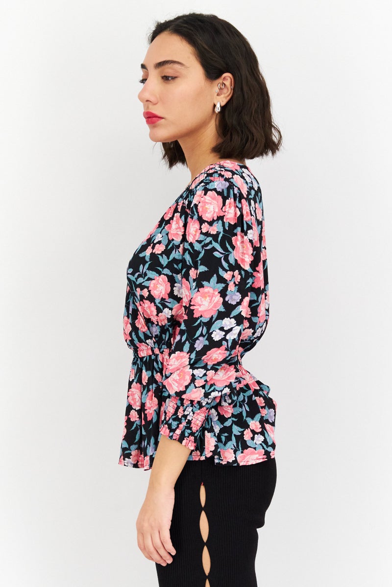 RIVER ISLAND Women V-Neck Long Sleeves Floral Pattern Top, Black - Image 2