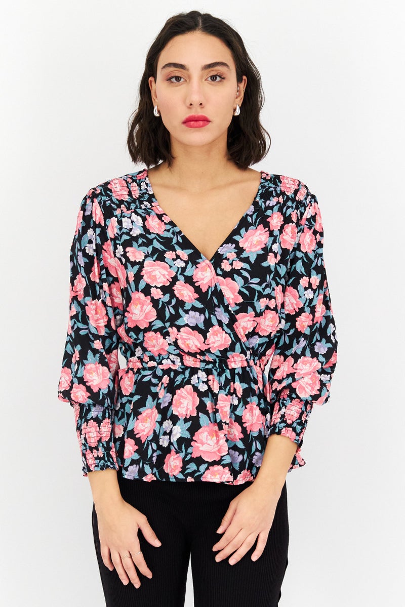 RIVER ISLAND Women V-Neck Long Sleeves Floral Pattern Top, Black - Image 1