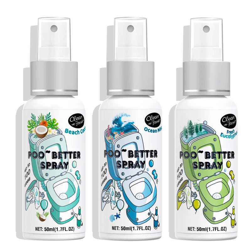 Clean-n-Fresh Toilet Spray, Variety 3 Pack - Ocean Mist/Eucalyptus/Beach Coco, Bathroom & Toilet Odor Elimination, Travel Size Toiletries, Total 5.1 Fl Oz - Image 1