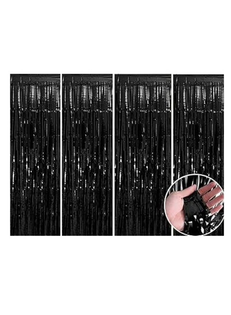 Boxwoods Pack of 4 Black Metallic Tinsel Foil Fringe Curtains Photo Booth Props Backdrop for Super Hero Theme Birthday New Year Eve And Halloween Party Decoration - Image 1