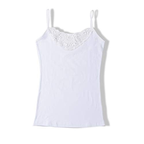 POWER UNICO FLOWER Womens Tank Top Camisoles with Premium Cotton Italian Design - Trimmed with Flower Lace on Neckline (928-White, L) - Image 1