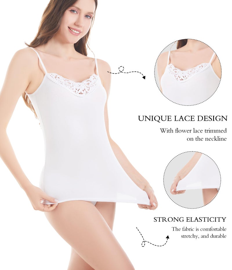POWER UNICO FLOWER Womens Tank Top Camisoles with Premium Cotton Italian Design - Trimmed with Flower Lace on Neckline (928-White, L) - Image 2