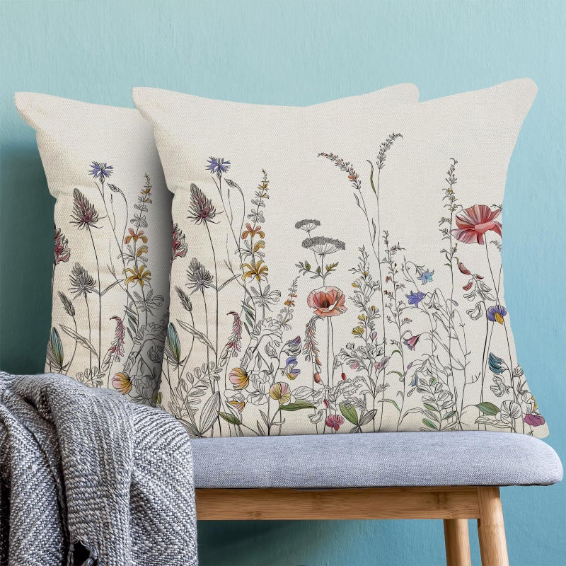 AEIOAE Spring Pillow Covers 18x18 Inch Set of 2, Black Wild Flower Throw Pillows Case,Colorful Seasonal Floral Plant Outdoor Decorative Farmhouse Decor Cushion Covers for Home Sofa Bed Couch - Image 2