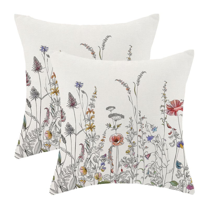 AEIOAE Spring Pillow Covers 18x18 Inch Set of 2, Black Wild Flower Throw Pillows Case,Colorful Seasonal Floral Plant Outdoor Decorative Farmhouse Decor Cushion Covers for Home Sofa Bed Couch - Image 1