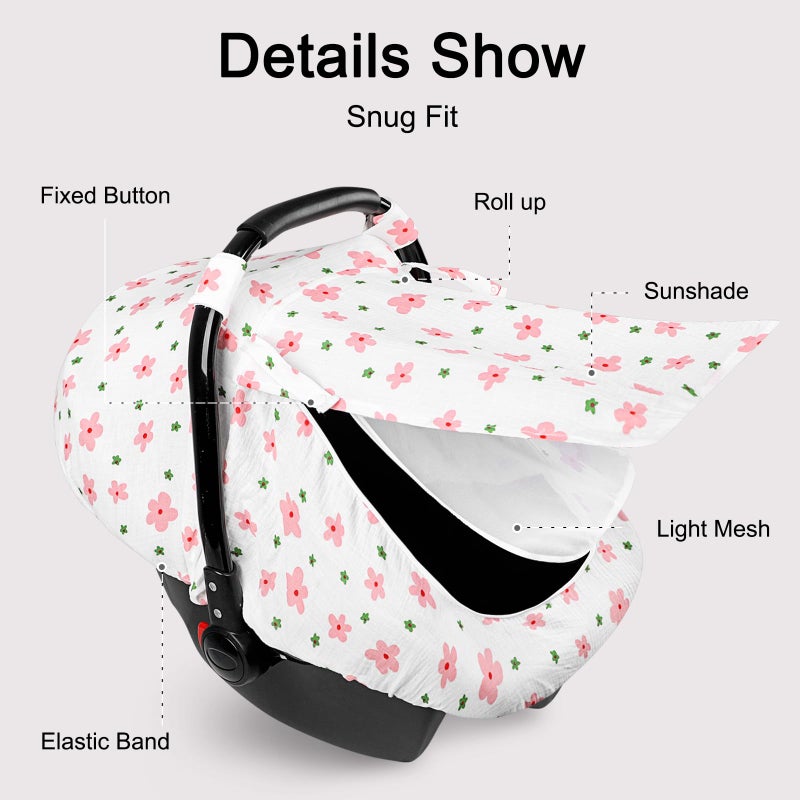 غطاء مقعد السيارة للأطفال من Hooyax Muslin - مظلة مقعد السيارة قابلة للتنفس والخصوصية مع 3 أوضاع - سهلة التركيب وتغليف صندوق هدايا مناسب عالميًا لمقاعد السيارة للرضع زهرة وردية - Image 4