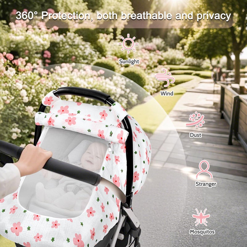 غطاء مقعد السيارة للأطفال من Hooyax Muslin - مظلة مقعد السيارة قابلة للتنفس والخصوصية مع 3 أوضاع - سهلة التركيب وتغليف صندوق هدايا مناسب عالميًا لمقاعد السيارة للرضع زهرة وردية - Image 3